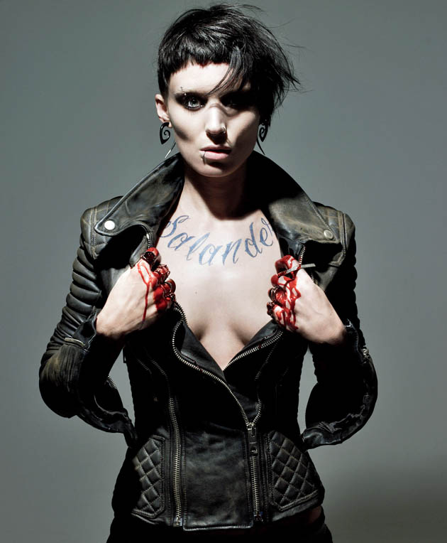 Rooney Mara Lisbeth Salander R-rated cleavage and bleached cropped pierced suffering
